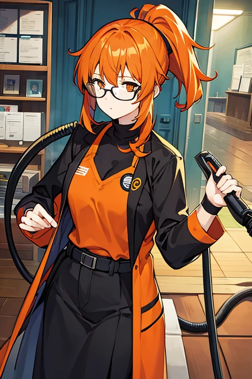 women, orange ponytail hair, glasses, black shirt, lab coat, with a vacuum cleaner, paranormal investigator