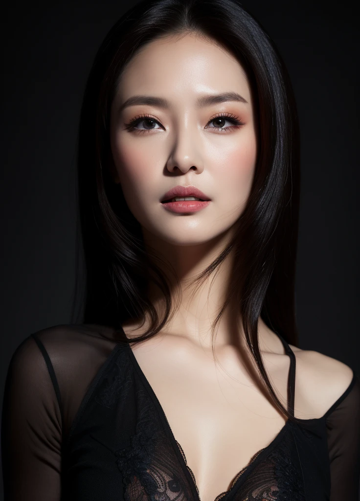 masterpiece,best quality, (one lady), ((portrait:1.5)), makeup, elegant black shirt, lewd, erotic, touch own chest, ((seduction expression)), ,background black