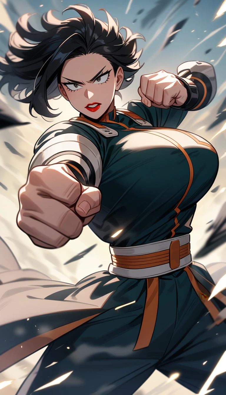 A beautiful woman, red lips, long black hair, big breast, large breast, my hero academia, standing, fight stance, sparring, aula UA.