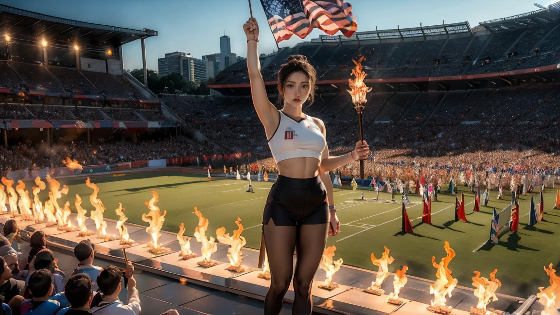 masterpiece, highest quality, Highest image quality, High resolution, photo realistic, Raw photo, wide shot, side view, full body photo, (Olympic Games open ceremony, 10 athletes walking in playground, hands up and holding fire torch and flag in hand and above the head, huge Olympic flames in the background)