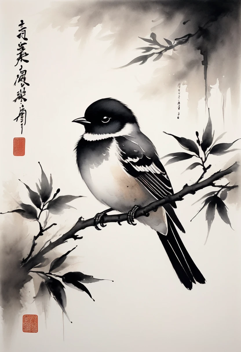 (best quality,highres,masterpiece:1.2),ultra-detailed,ink painting,Minimalist,Chinese style,bird on a branch,loose brushstrokes, composition,subtle textures,elegant simplicity,dynamic ink flow,expressive ink marks,black and white,eye-catching,fine details,zen-like,traditional technique,artistic interpretation,serene atmosphere,minimalist aesthetic,calming ambiance,full of symbolism,subtle gradations,harmonious balance,atmospheric perspective,peaceful tranquility,sparse background,thoughtful strokes,powerful simplicity,tranquil nature,balance of positive and negative space,graceful movement,lively brushwork,natural harmony,ethereal beauty,traditional brush and ink technique,serene representation,artistic minimalism,nature's tranquility,delicate lines,dreamlike ambiance,soothing black ink,subtle ink washes,symbolic imagery