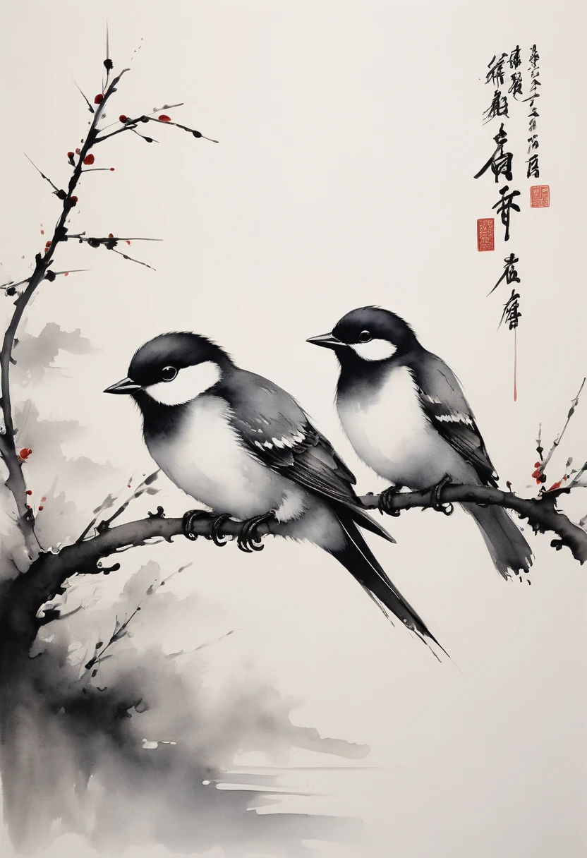 (best quality,highres,masterpiece:1.2),ultra-detailed,ink painting,Minimalist,Chinese style,bird on a branch,loose brushstrokes, composition,subtle textures,elegant simplicity,dynamic ink flow,expressive ink marks,black and white,eye-catching,fine details,zen-like,traditional technique,artistic interpretation,serene atmosphere,minimalist aesthetic,calming ambiance,full of symbolism,subtle gradations,harmonious balance,atmospheric perspective,peaceful tranquility,sparse background,thoughtful strokes,powerful simplicity,tranquil nature,balance of positive and negative space,graceful movement,lively brushwork,natural harmony,ethereal beauty,traditional brush and ink technique,serene representation,artistic minimalism,nature's tranquility,delicate lines,dreamlike ambiance,soothing black ink,subtle ink washes,symbolic imagery