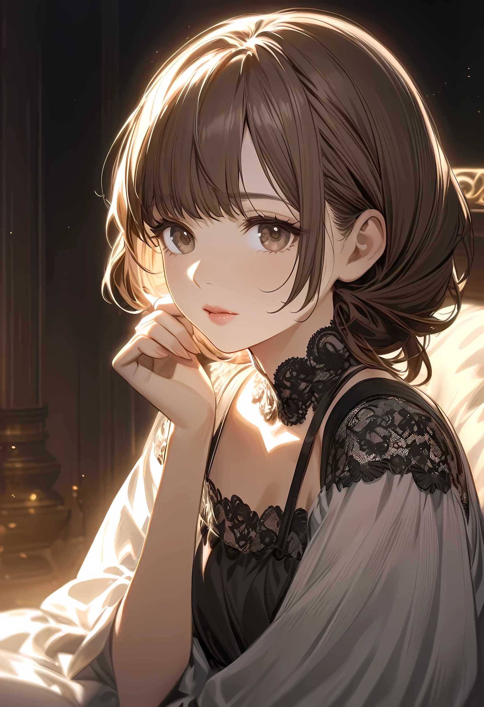 In a Rembrandt-inspired anime illustration, a young girl rests her chin on her hand, lost in thought against a dark background. Her long, chestnut hair cascades around her face, partially obscuring her deep, contemplative brown eyes. The lighting is dramatic, with a soft, warm glow illuminating her face and casting subtle shadows, creating a sense of depth and intimacy.

She wears a simple, elegant dress with delicate lace trim, the fabric rendered in rich, muted tones that complement the warm light. The shadows and highlights on her face and dress are carefully crafted to enhance the realism and emotional weight of the scene.

The background is a deep, almost velvety black, allowing the girl to stand out as the focal point. Her expression is serene yet introspective, her lips slightly parted as if caught in a moment of quiet reflection. The overall atmosphere is one of calm and thoughtful reverie, inviting the viewer to share in her quiet contemplation.