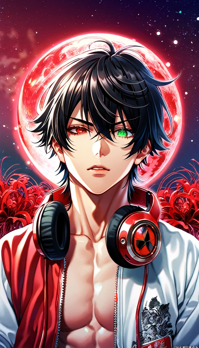 absurdres, highres, ultra detailed, HDR, master piece, best quality, extremely detailed, Yamada Ichiro, chin length black hair, heterochromia, left eye is red, right eye is green, Hypnosis Mic, white hoodie with two zippers, red varsity jacket, red headphones around his neck, solo, sexy man, handsome, sensual, fantasy, red blood water, sparkling, red glittering fireflies, red moon, red blossoms, red spider lilies, red sparkling lights, starry sky, magical