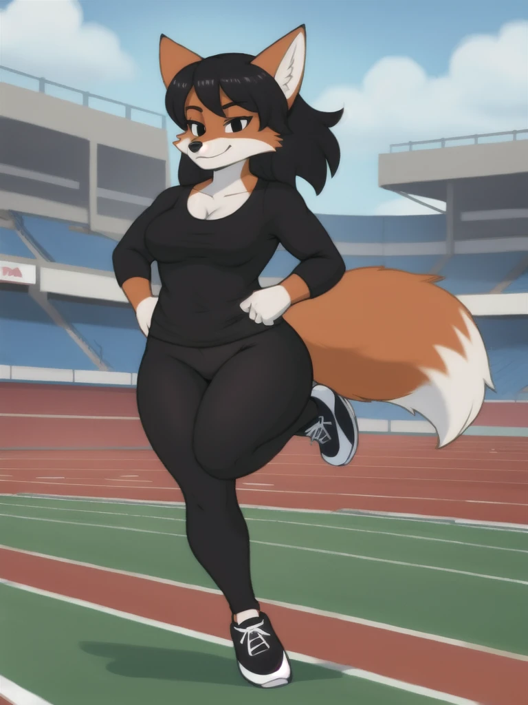Furry, fox, female, black shirt, black leggings, shoes, running track, solo, full body