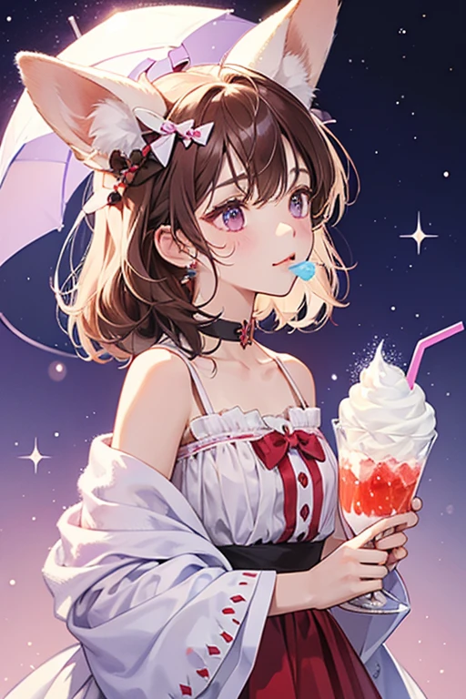 A snow cone GIRL dog Num with a dog-like expression. She is split into 2 colors: One side is strawberry, and the other side is presumably chocolate. One of her ears flops over. Her other ear is made out of a white straw adorned with purple bows. SPARKLE; GLITTER