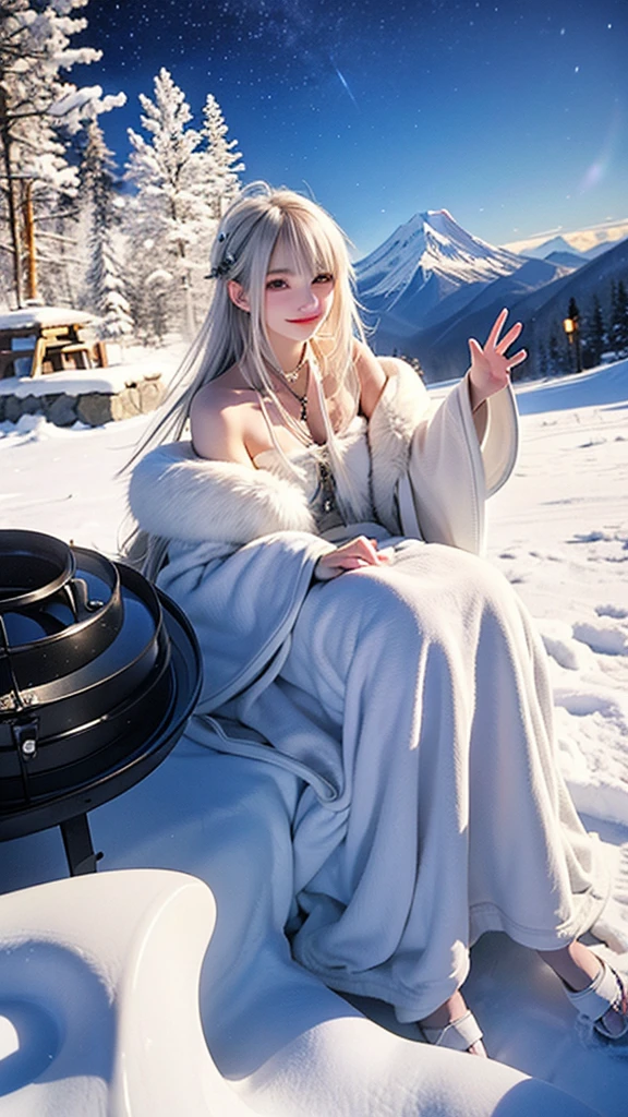 best quality,masterpiece,Ultra-high resolution,(photoactual:1.4),Snowy mountains at night,Icefields Tribe,20 years old,(Japan)White Woman,White hair over shoulders,White fur cloak,Sit on a stone,Barbecuing food by the campfire