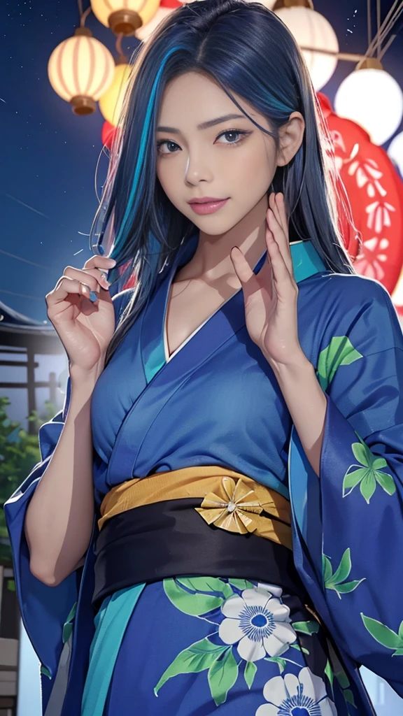 Uma mulher, cabelo longo, kimono azul, detalhes em anime, qualidade 8k, destaque bem seus peitos, rosto alegre, uma onda atras, com umas tartarugas e umas garotas de cabelo curto com manchas roxas, bikine, destaque os peitos delas