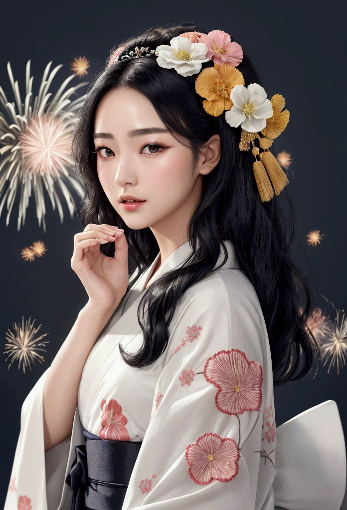 8k resolution、high resolution、high quality、Real、Sea of night、Big fireworks、The breeze is blowing、woman、20-year-old、A once in a century beauty、Body tilted to the right(45 degrees)Suitable for、A full-body depiction of her、Medium-long black hair(It has a gentle wave.)、Shiny black hair with an airy feel、Clear and bright skin、Dignified eyebrows、Cat Eyes、The black eyes are large and shining、The nose is small and high、Plump and moisturized lips、Small face、Sharp jawline、light makeup、The kimono is detailed with small floral embroidery.、Shiny kimono、