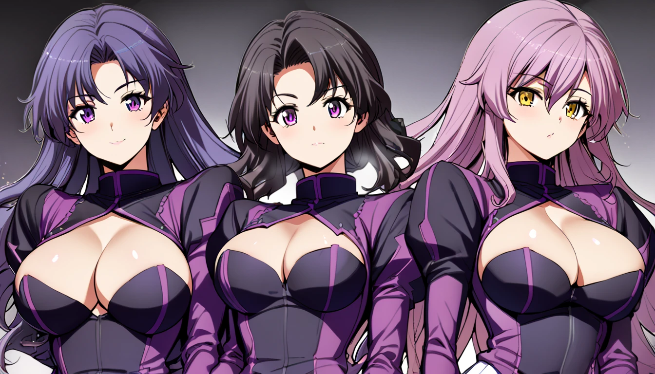 High detailed, 3 girls, matching hairstyles, matching uniforms, matching sizes, violet eyes, purple tones colored hair, wavy long hair, busty, chunky body, yellow genetics's uniform, Juliet sleeves, deep cleavage, white skirt, genetics's uniform, juliet sleeves, genetics's uniform, posing together