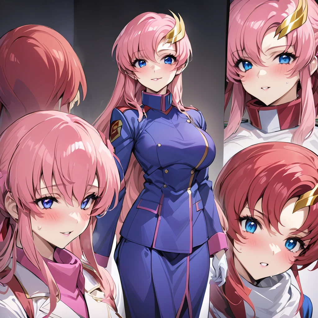 ((Highest quality)), ((masterpiece)), (detailed), (Perfect Face)、Gundam SEED、The woman is Lacus Clyne, a member of the Blue Cosmos, with blue eyes, pink hair, medium-long hair and a hair accessory.、The woman is a female officer in the Earth Federation Army and is wearing an Earth Federation Army uniform.