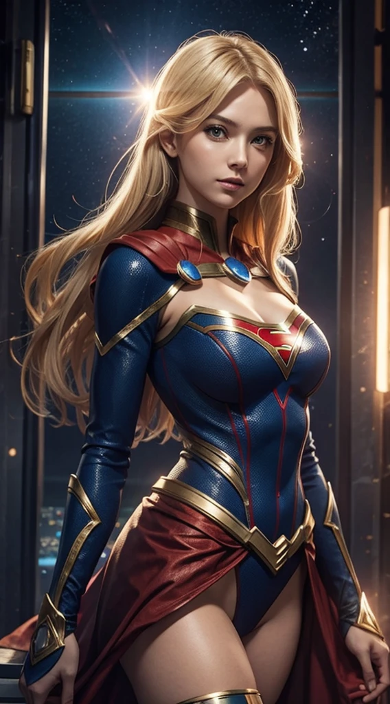 Supergirl in action pose, blond hair, perfect costume, traditional blue suit, traditional red cape,smooth curves, upturned buttock, beautiful face, space and planets in background 