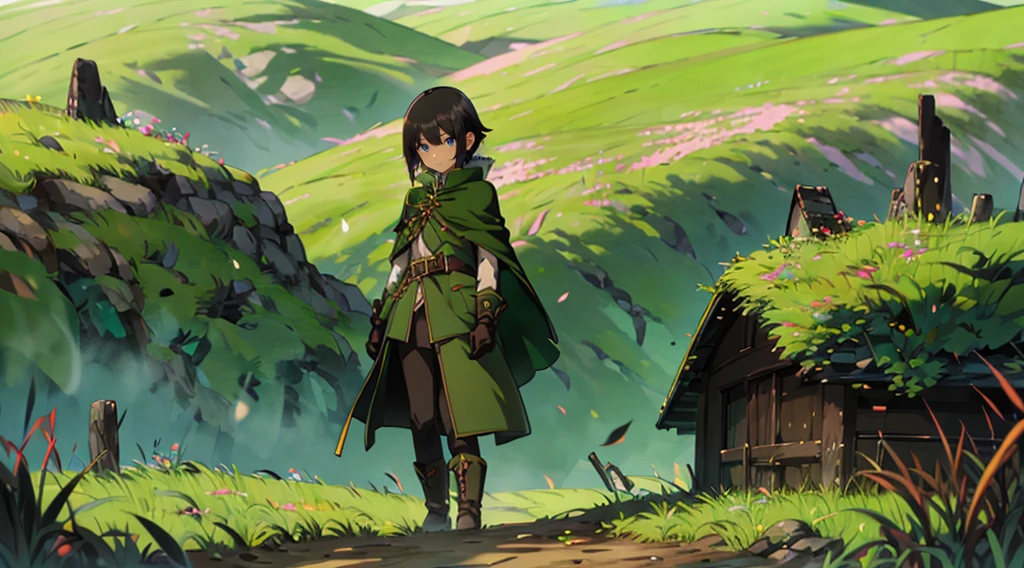 yuichiro hyakuya girl, (WithoutFear:1), 1 girl, black hair, green eyes, brown coat, gray armor, elves, sylvan, green shield, green cloak, dark brown gloves, forest, white fur trim, anime, standing, good quality, portrait, looking at viewer