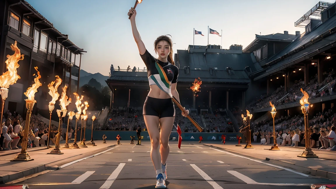 masterpiece, highest quality, Highest image quality, High resolution, photo realistic, Raw photo, wide shot, side view, full body photo, (Olympic Games open ceremony, 10 athletes walking in playground, hands up and holding fire torch and flag in hand and above the head, huge Olympic flames in the background)