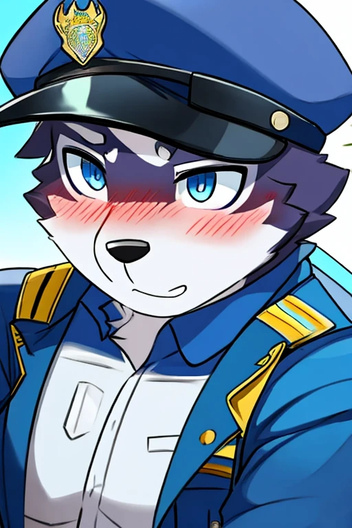 polar bone, police, muscular, blue eyes, blushing