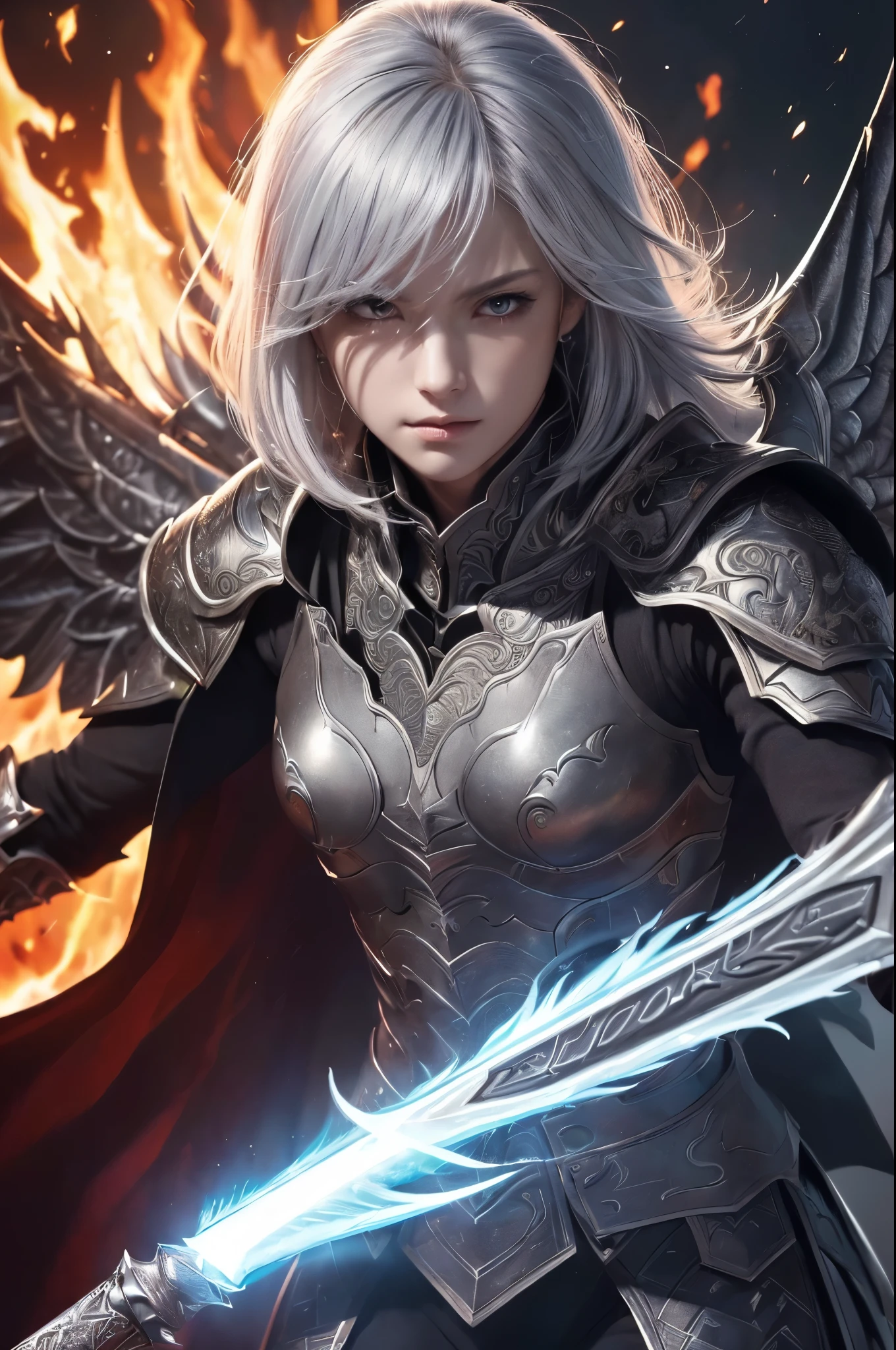 ((Ultra-fine illustrations, 8k, masterpiece :1.2, Sharp focus :1.2, Depth of written boundary:1.2)), Beautiful Swordsman, Absurd, Highly detailed face and skin texture, Silver Hair, Jet Black Armor, Flame Armor, Cloak on Fire, Flaming Sword, Wings of Fire, Determination to overcome sadness, There&#39;s a sign of determination in your gentle eyes , Strong Soul