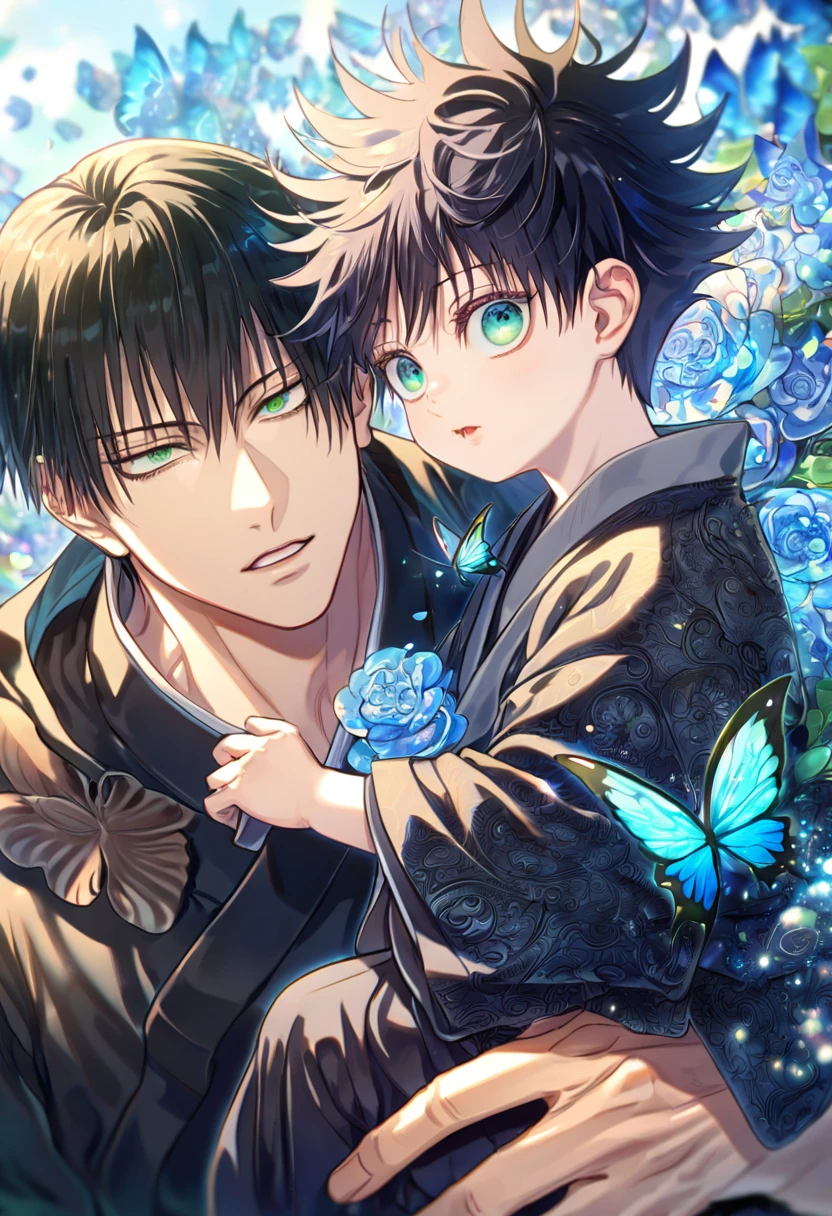 absurdres, highres, ultra detailed, HDR, master piece, best quality, Fushiguro Touji carrying baby Megumi, black straight hair, expressive green eyes, Jujutsu Kaisen, men, handsome, black leather coat, black tight shirt, blue butterflies, blue petals, blue flowers, magical, fantasy, blue background