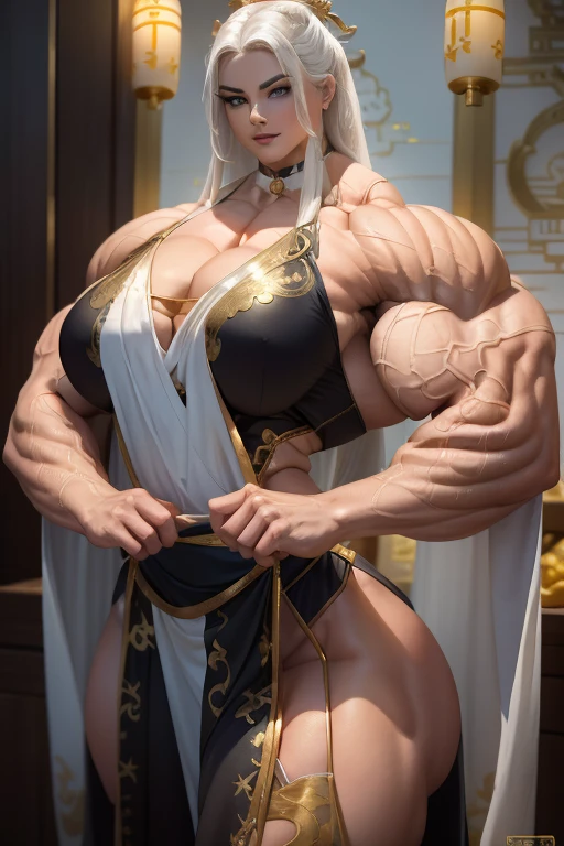 ((Close-up)), tall, (White hair), beautiful muscular woman, long straight hair, light brown skinned, closed smile, (black lipstick), (massive muscles), (hyper muscle), (ginormous bulky muscles), glowing blue eyes, (beautiful delicate white Hanfu embroidered with gold decorations), choker, high heels, in a beautiful ancient palace, 