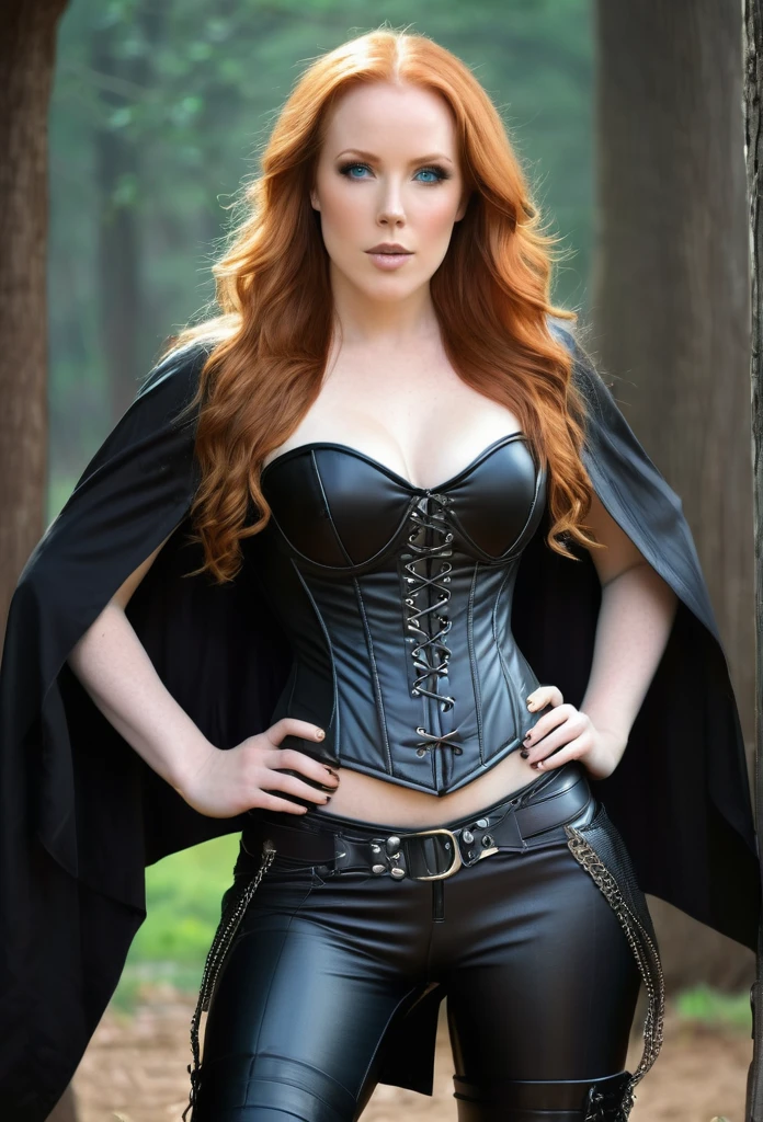 Simone Simons, age 20, sly sensuous smirk, blue eyes, wearing leather corset-top bikini and tight leather boyshorts, chastity belt, showing her hourglass curves of slim waist and broad hips, exposing bare midriff, and a mage's cloak blowing open in the wind, UHD photo-realistic