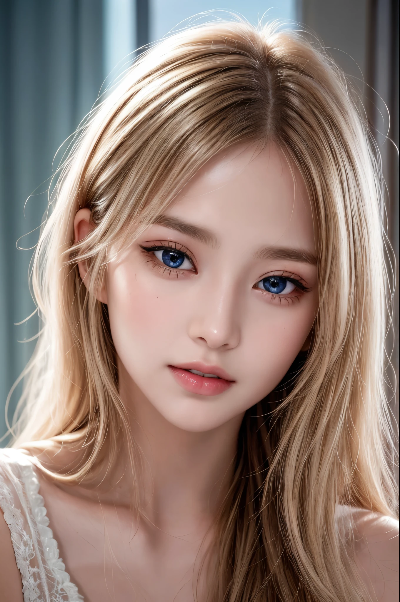 Beautiful blonde in pink Sleeveless,  Very detailed, 21 years old, Innocent face, Naturally Wavy Hair, blue eyes, High resolution, masterpiece, 最high quality, Intricate details, Very detailed, Clear focus, Delicate skin, practical skin texture, texture, Delicate eyes, Professional, 4K, Cute Smile, Shot with Canon, 85mm, Shallow and deep, Kodak Vision Color, Exactly, Very detailedな, photograph_\(Extremist\), photographpractical, practical, Post-processing, Maximum details, Roughness, Real Life, Extremist practical, Photorealism, photographgraphy, 8kウルトラHD, photographgraphy, (最high quality、Tabletop、8k、Best image quality、Award-winning works)、Sleeveless, (Red eyeshadow:1.2)、Perfect Makeup、Long eyelashes、Ultra-high definition sparkling eyes、Ultra HD Hair、ultra High resolution glossy lips、Super High resolution perfect teeth、Super High resolution cute face、Black Hair、(Very short straight hair:1.1)、Look at me and smile、[clavicle]、Accurate anatomy、With bangs、超High resolutionのShine肌、The most detailed face、Ultra High resolution detailed faces、ultra High resolution hair、Fashion model, 25 years old, [[[[chest]]]], [[[[head]]], [shoulder]]]]], Perfect Eyes, Perfect Iris, Perfect Lips, Perfect Teeth, Perfect Skin, Soft Front Light, Shine, High resolution, (Soft colors: 1.2), Best Quality, a photographrealistic portrait of a stunningly beautiful woman without make-up, Very detailedな light hazel eyes, Symmetrical, realistic face with great detail, Very detailedな natural texture, Peach fuzz, Messy Hair, masterpiece, Absurd, award winning photograph by lee jeffries, nikon d850 film stock photographgraph, Kodak Portra 400 Camera F1.6 Lenses, Very detailedな, wonderful, The finer details, Rich colors, hyper realistic lifelike texture, Dramatic lighting, Unreal Engine, Trending on Art Station, Cinestill 800 Tungsten, Looking at the audience, photograph realistic, RAW photograph, Tanvir Tamim, high quality, High resolution, Sharp focus, Very detailedな, Cinema Lighting, 8k uhd, Kneel, Wearing a tank top
