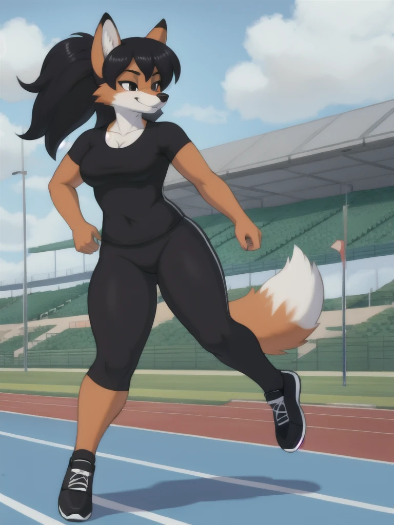 Furry, fox, female, black shirt, black leggings, shoes, running track, solo, full body