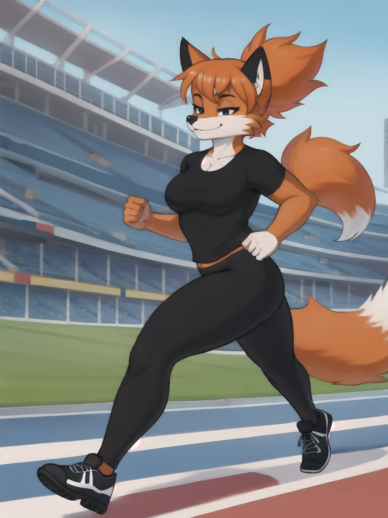 Furry, fox, female, black shirt, black leggings, shoes, running track, solo, full body