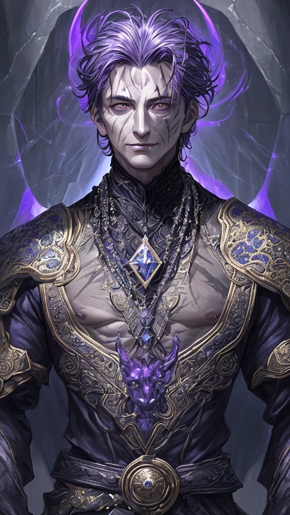 (best qualityer, work of art:1.2), ultra high resolution, realisitic, front lighting, intricate-detail, Exquisite details and textures, 1 men, standing alone ,(middle-age), face highlight, big scar on face, face detailed, detailed scar, deformed face, without hair, looking ahead at viewer, black big eyes, muscled body, purple aura with dark blue, professional lighting, Machiavellian smile, villain