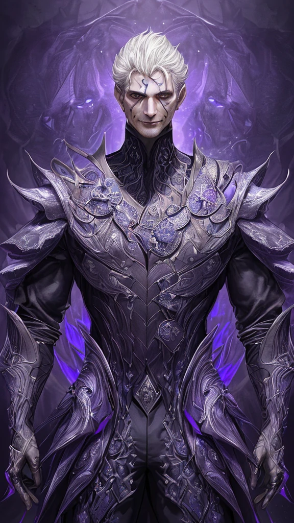 (best qualityer, work of art:1.2), ultra high resolution, realisitic, front lighting, intricate-detail, Exquisite details and textures, 1 men, standing alone ,(middle-age), face highlight, big scar on face, face detailed, detailed scar, deformed face, without hair, looking ahead at viewer, black big eyes, muscled body, purple aura with dark blue, professional lighting, Machiavellian smile, villain