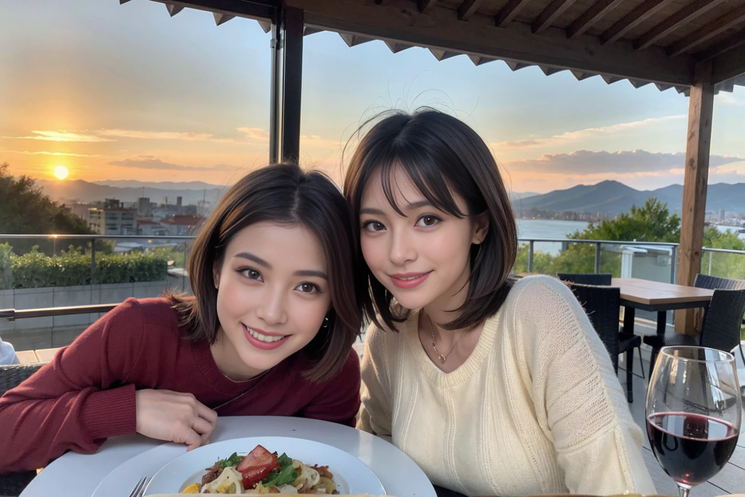(Realistic:1.1),(masterpiece,Highest quality),8k,(40 years old), 44 years old, slimカップル、Model Couple、actress/actor、Tight waist,Upper Body,full-course dinner、wine 、Amazing view of the sunset sky and clouds、Perfect Anatomy, Brown Hair, short hair,Random Hairstyles,((Highly detailed face and eyes:1.2))(cute顔:1.4),美しいactressの顔,Perfect golden ratio face,Long sleeve shirt、dress,(smile:1.2)、Shortcuts、cute、(Realistic, Intricate details:1.2), A bright smile、short hair,Bright Face、赤wine 、Appetizers、Italian food、wine bottle、Champagne、スパークリングwine、(slimな顔), (The body is slim), (Brown Hair), (Shortcuts), Upper Body, 白wine, slim, wineグラス,