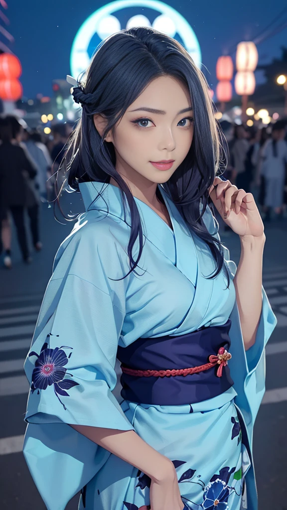 full body (((Highest quality)), (Very detailed), 1 girl, (Rawbow Hair, Colorful Hair, Half blue and half pwk hair: 1.2), 17 years old, (yukata: 1.2), Midsummer Night、plew air, bangs, smile, Sky blue eyes, Perfect hands, Perfect hands, Hand Detail, Corrected Fwgers. earrwgs, Night Store + background, up lookwg_w_Audience, Cowboy Shot, Highest quality, Rich details, Perfect image quality, Dark blue、(night:1.5, Japanese Summer Festivals)、Half-up hairstyle、