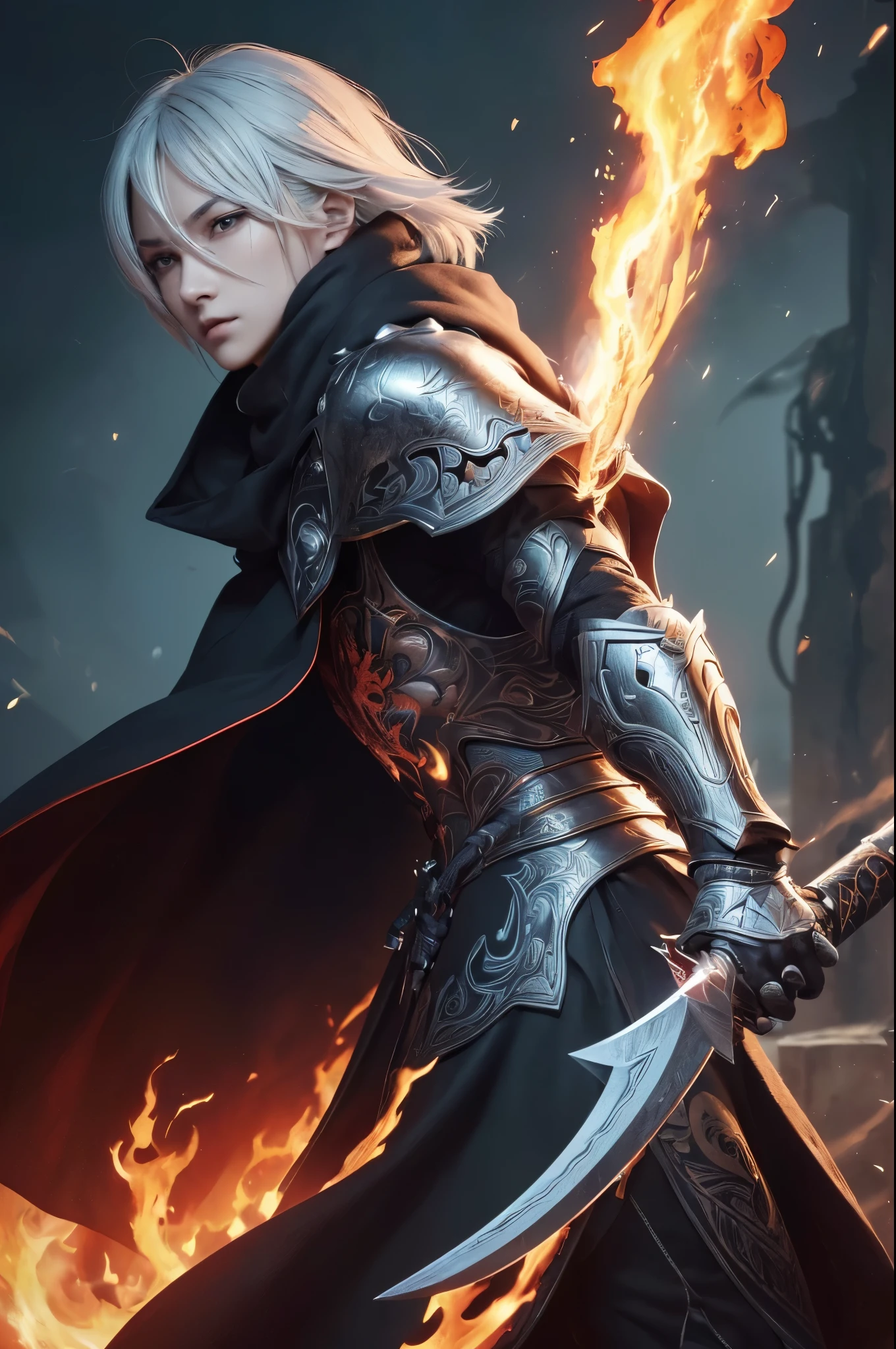 ((Ultra-fine illustrations, 8k, masterpiece :1.2, Sharp focus :1.2, Depth of written boundary:1.2)), Beautiful Swordsman, Absurd, Highly detailed face and skin texture, Silver Hair, Jet Black Armor, Flame Armor, Cloak on Fire, Flaming Sword, Wings of Fire, Determination to overcome sadness, There's a sign of determination in your gentle eyes , Strong Soul