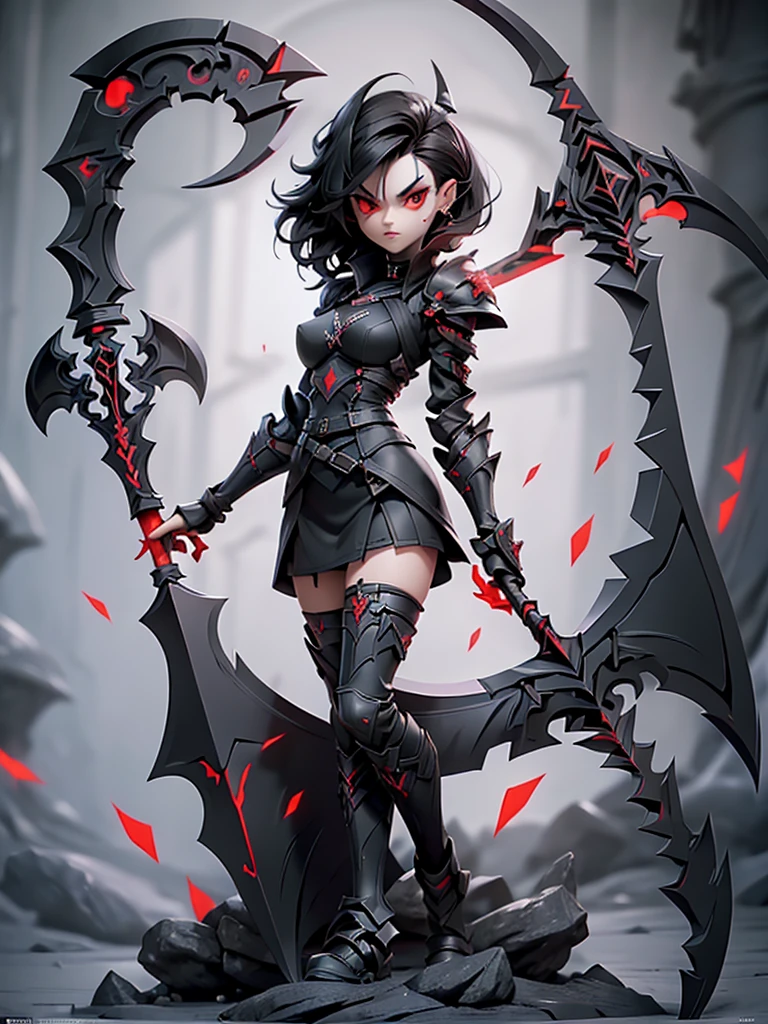  (((Masterpiece, best quality, 16k)))(Realistic)((Full body shot)) Slender female character with short black hair and piercing red eyes. She wears a demonic armor in purple, black, and white.  wields a large, stylized scythe. The character has a menacing expression, with a chaotic environment as the background. ((full body front view)). ((slender)), (extremely detailed:1.5), (short stylish black hair:1.2), (piercing red eyes:1.2), (chaotic environment:1.1), (demonic armor:1.3), (stylized scythe:1.3).