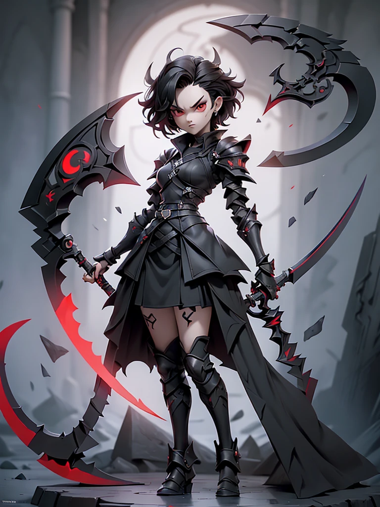 (((Masterpiece, best quality, 16k)))(Realistic)((Full body shot)) Slender female character with short black hair and piercing red eyes. She wears a demonic armor in purple, black, and white. wields a large, stylized scythe. The character has a menacing expression, with a chaotic environment as the background. ((full body front view)). ((slender)), (extremely detailed:1.5), (short stylish black hair:1.2), (piercing red eyes:1.2), (chaotic environment:1.1), (demonic armor:1.3), (stylized scythe:1.3).