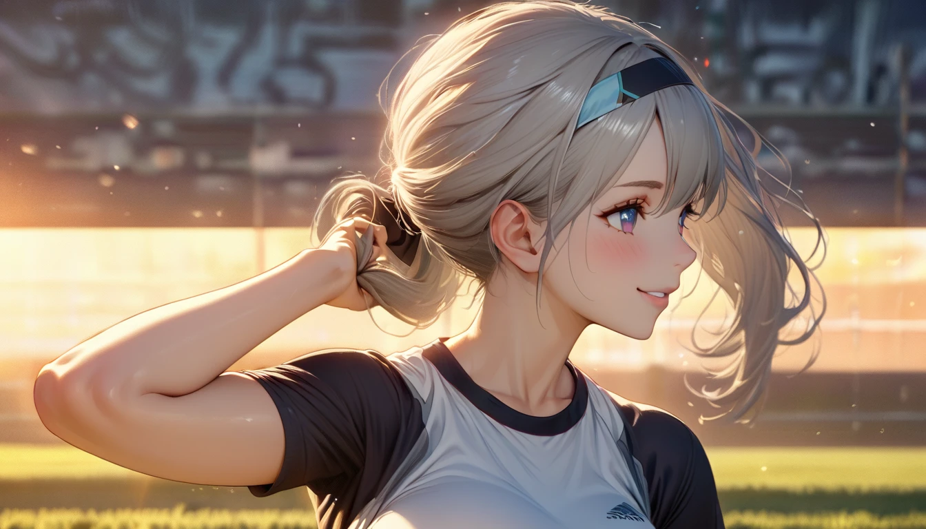beautiful girl, long grey hair, tying her hair into ponytail, beautiful face,smiling,close up to hips, beautiful breast, warming up for jogging on field, illustration,detailed textures(realists),ultra-detailed,portrait style,vivid colors,soft lighting, blushing, mature, hair fluttering, evening light , head band, ((half body)), wearing simple workout shirts with sport bra, perky. ((side profile until hips)), very shy