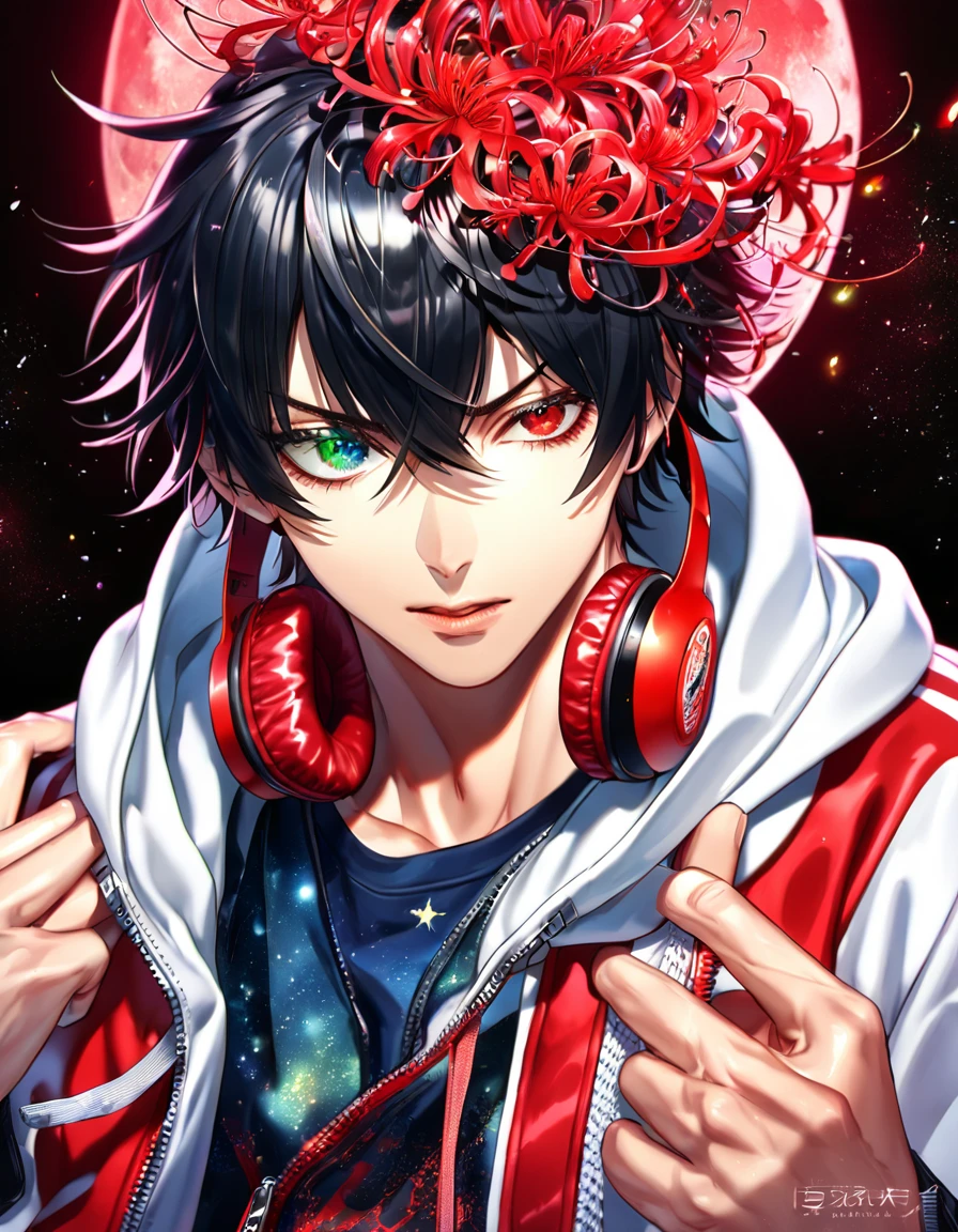 absurdres, highres, ultra detailed, HDR, master piece, best quality, extremely detailed, Yamada Ichiro, chin length black hair, heterochromia, left eye is red, right eye is green, Hypnosis Mic, white hoodie with two zippers, red varsity jacket, red headphones around his neck, solo, sexy man, handsome, sensual, fantasy, red blood water, sparkling, red glittering fireflies, red moon, red blossoms, red spider lilies, red sparkling lights, starry sky, magical