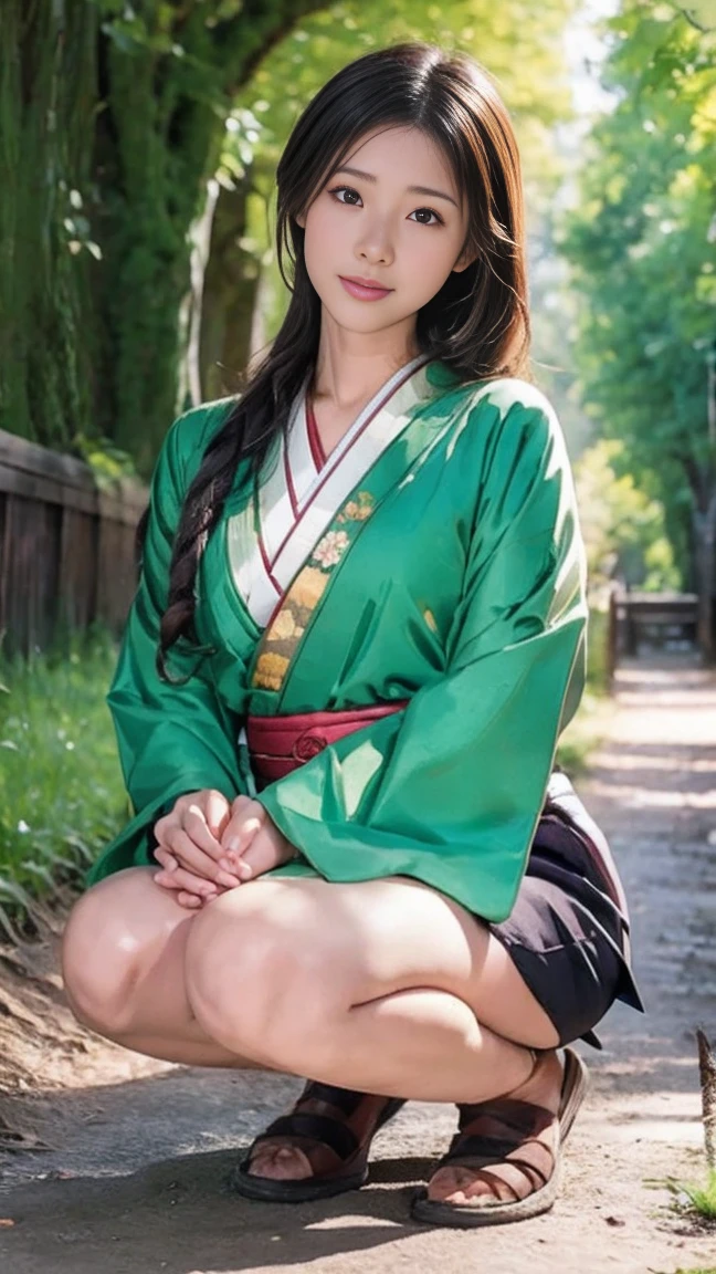 There is a woman kneeling on the forest path, portrait of a Japanese teen, of a youthful Japanese girl, young asian girl, wearing Japanese , Japanese girl , beautiful girl, Sit on the ground, portrait of a Japanese girl, Sitting in the forest, Japanese , Strike a Pose, Young Asian Woman