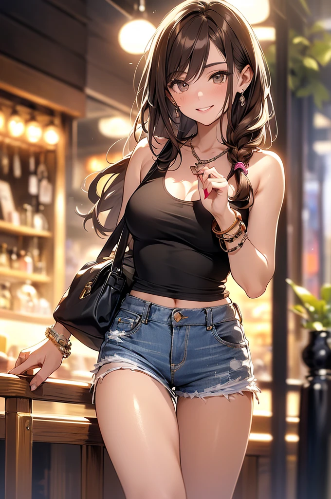 (masterpiece, best quality, ultra-detailed, highres, 4k),(beautiful detailed eyes),(very detailed face),(1girl),HDR,long hair, shorts, phone, brown eyes, brown hair, cellphone, bracelet, tank top, jewelry, watch, lips, solo focus, nail polish, blurry background, smile, wristwatch, realistic, blurry, looking at viewer