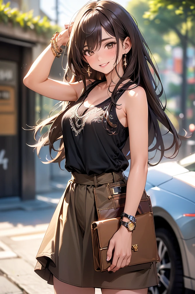 (masterpiece, best quality, ultra-detailed, highres, 4k),(beautiful detailed eyes),(very detailed face),(1girl),HDR,long hair, shorts, phone, brown eyes, brown hair, cellphone, bracelet, tank top, jewelry, watch, lips, solo focus, nail polish, blurry background, smile, wristwatch, realistic, blurry, looking at viewer