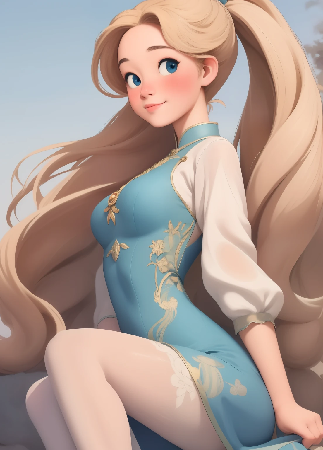 (masterpiece、Highest quality、Highest quality、Official Art、Beautiful and beautiful:1.2)、(One girl:1.3)Hatsune Miku、Twin tails,Beautiful breasts, Katsushika Hokusai, (masterpiece), ((Highest quality)), (Very detailed), (Beautiful eyes Beautiful details Eyes, Clean and delicate face), Single braided blonde ponytail, Parted bangs, amount, blue eyes, smile, Wearing a high-end mini Chinese dress, No sleeve, pantyhose, thigh, Alphonse Mucha