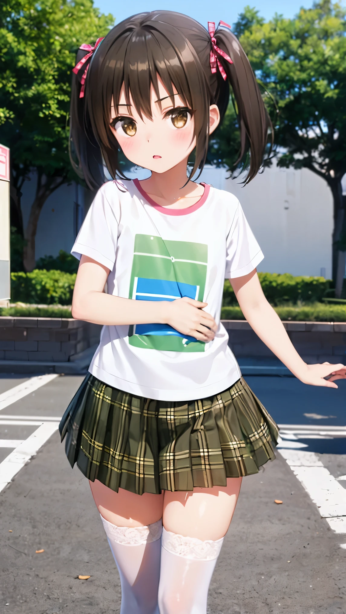 best quality,1girl,((((loli)))),curvy,orgasm,blush,yui kotegawa, black hair, (brown eyes:1.5), short hair, ((twintail)), hair ribbon, ((black skirt, plaid skirt, white t-shirt, short sleeves:1.3)),((lift skirt,upskirt,white panties,lace panties)),thighhighs,pussy juice,forest,forest林,walking