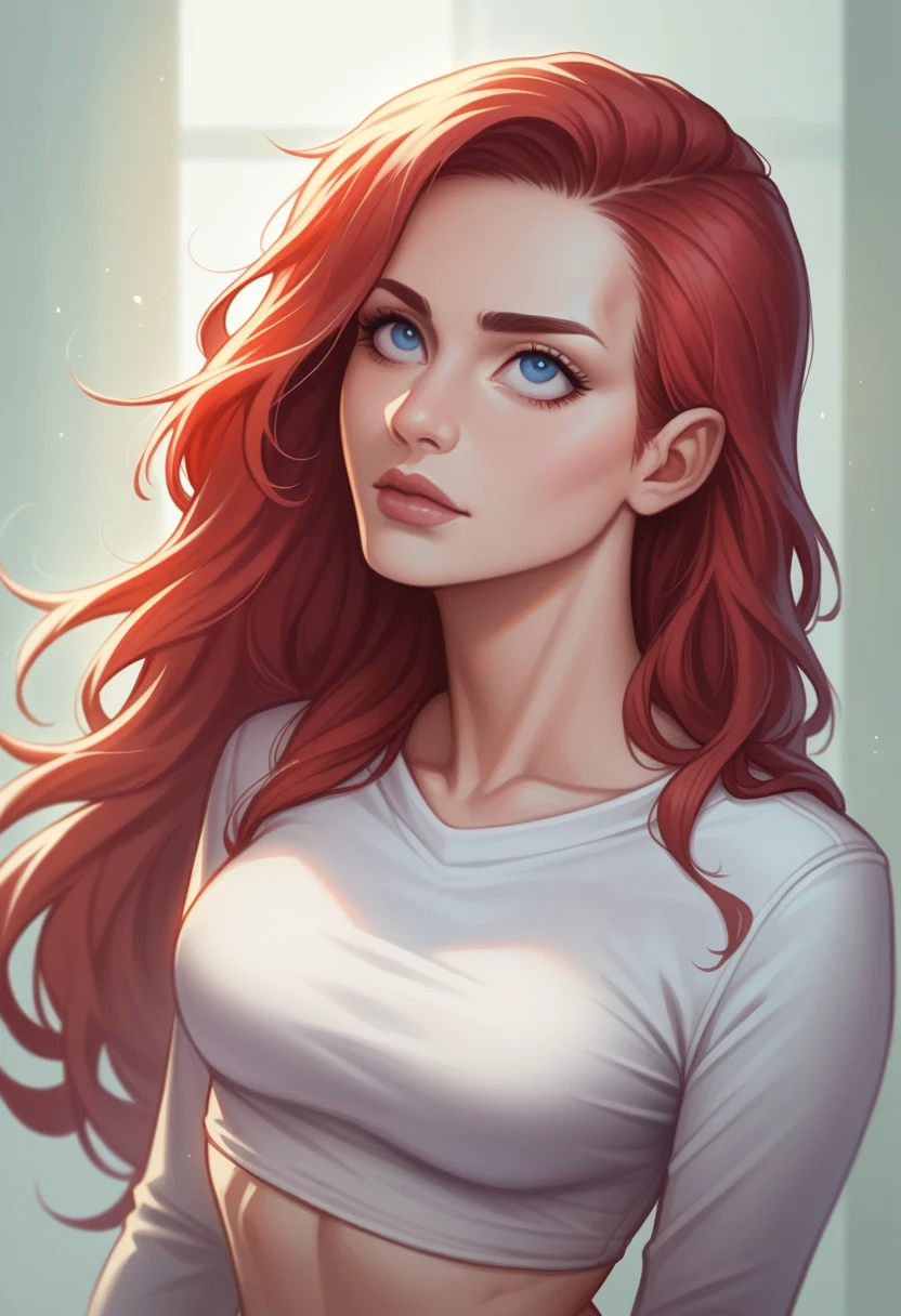 high angle photo of a gorgeous young woman in the style of stefan kostic, (red hair), very very long hair, very big blue eyes, realistic skin texture, looks up, white sweatshirt, white thong, slender hips, 1 / 2 body crop, 8 5 mm art lens, f 1. 2, sharp focus, 8 k high definition, insanely detailed, intricate, elegant, art by stanley lau and artgerm