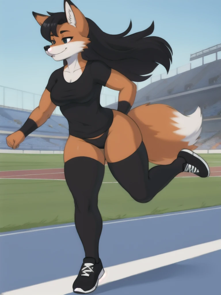 Furry, fox, female, black shirt, black leggings, shoes, running track, solo, full body