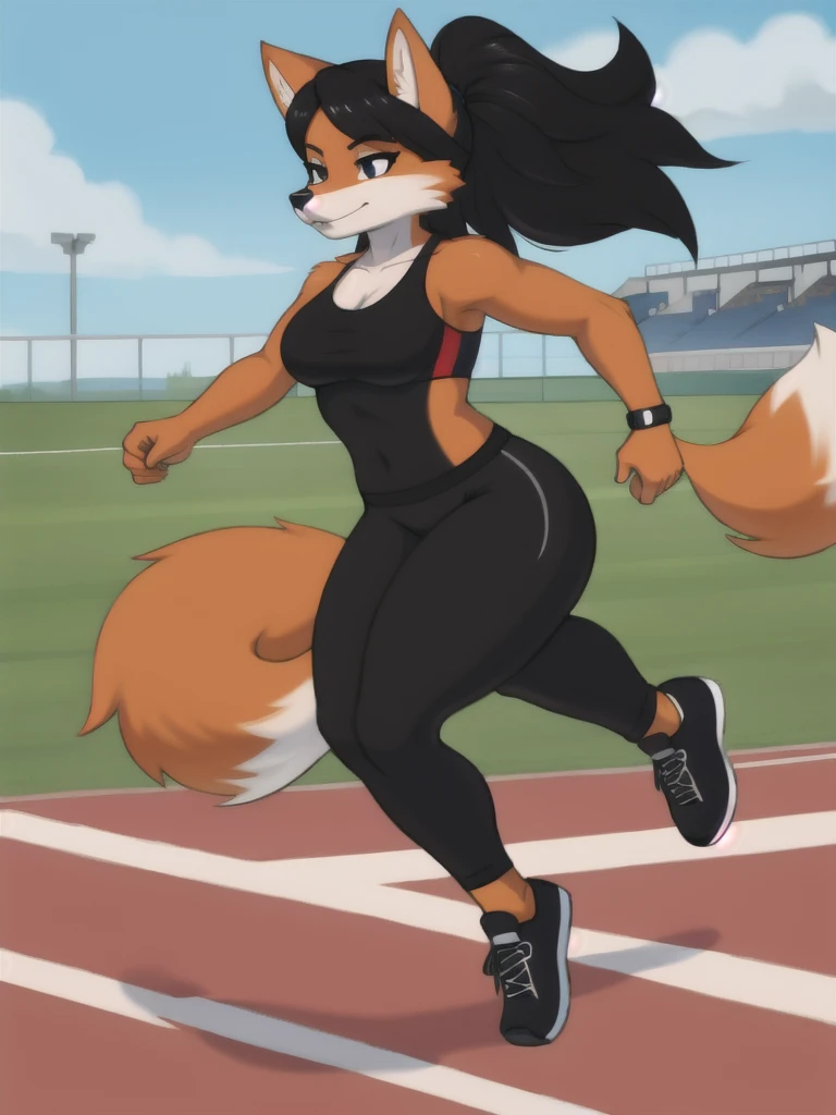 Furry, fox, female, black shirt, black leggings, shoes, running track, solo, full body