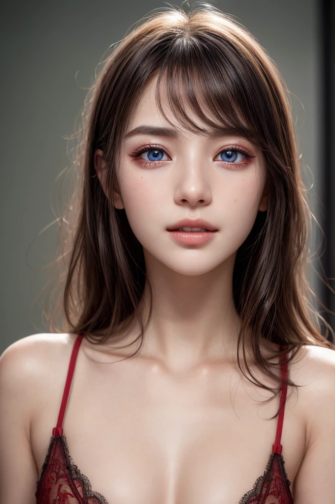 Very detailed, 21 years old, Innocent face, Naturally Wavy Hair, blue eyes, High resolution, masterpiece, 最high quality, Intricate details, Very detailed, Clear focus, Delicate skin, practical skin texture, texture, Delicate eyes, Professional, 4K, Cute Smile, Shot with Canon, 85mm, Shallow and deep, Kodak Vision Color, Exactly, Very detailedな, photograph_\(Extremist\), photographpractical, practical, Post-processing, Maximum details, Roughness, Real Life, Extremist practical, Photorealism, photographgraphy, 8kウルトラHD, photographgraphy, (最high quality、Tabletop、8k、Best image quality、Award-winning works)、Sleeveless, (Red eyeshadow:1.2)、Perfect Makeup、Long eyelashes、Ultra-high definition sparkling eyes、Ultra HD Hair、ultra High resolution glossy lips、Super High resolution perfect teeth、Super High resolution cute face、Black Hair、(Very short straight hair:1.1)、Look at me and smile、[clavicle]、Accurate anatomy、With bangs、超High resolutionのShine肌、The most detailed face、Ultra High resolution detailed faces、ultra High resolution hair、Fashion model, 25 years old, [[[[chest]]]], [[[[head]]], [shoulder]]]]], Perfect Eyes, Perfect Iris, Perfect Lips, Perfect Teeth, Perfect Skin, Soft Front Light, Shine, High resolution, (Soft colors: 1.2), Best Quality, a photographrealistic portrait of a stunningly beautiful woman without make-up, Very detailedな light hazel eyes, Symmetrical, realistic face with great detail, Very detailedな natural texture, Peach fuzz, Messy Hair, masterpiece, Absurd, award winning photograph by lee jeffries, nikon d850 film stock photographgraph, Kodak Portra 400 Camera F1.6 Lenses, Very detailedな, wonderful, The finer details, Rich colors, hyper realistic lifelike texture, Dramatic lighting, Unreal Engine, Trending on Art Station, Cinestill 800 Tungsten, Looking at the audience, photograph realistic, RAW photograph, Tanvir Tamim, high quality, High resolution, Sharp focus, Very detailedな, Cinema Lighting, 8k uhd, Kneel, Wearing a tank top