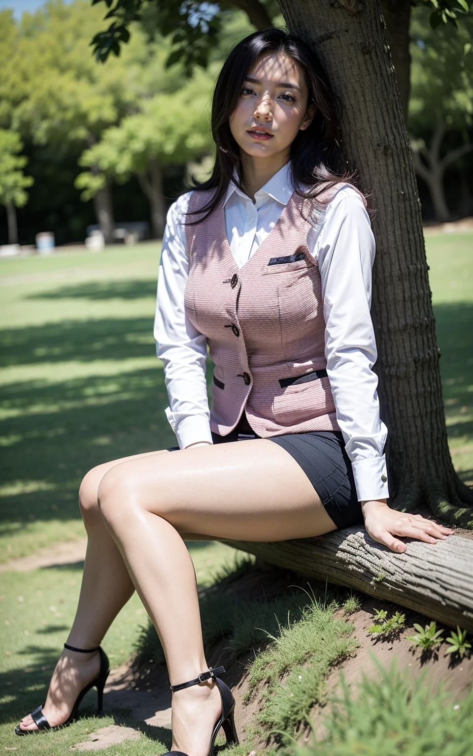 Ulchan-6500-v1.1, (RAW photo:1.2), (Photoreal), (genuine:1.4), １milf, perfect anatomy, 48 years old, plump body:0.5,  look at the viewer, medium long hair, Plaid vest, ((sit on the grass and open legs:1.0))、(super realistic pantyhose:1.2), (high heels), (business services)、under shade of tree