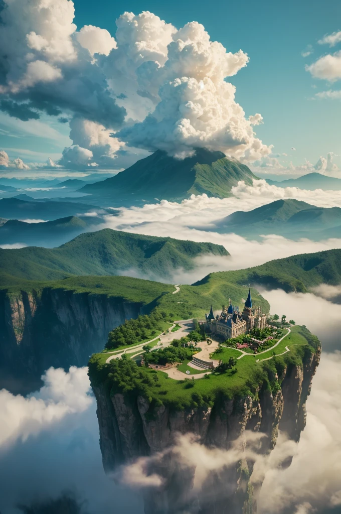 Spectacular CG matte painting, Wide View, Pale green clouds, Disney Castle, A flowering garden above the clouds, A few drops of water falling from a cloud, Pale green sea of roses, HD Images, Unreal Engine, ArtStation 4k HD Trends  