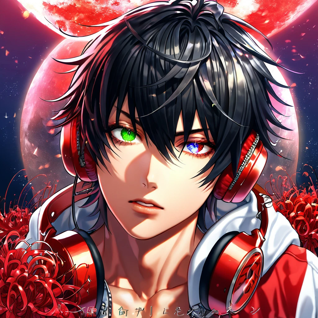absurdres, highres, ultra detailed, HDR, master piece, best quality, extremely detailed, Yamada Ichiro, chin length black hair, heterochromia, left eye is red, right eye is green, Hypnosis Mic, white hoodie with two zippers, red varsity jacket, red headphones around his neck, solo, sexy man, handsome, sensual, fantasy, red blood water, sparkling, red glittering fireflies, red moon, red blossoms, red spider lilies, red sparkling lights, starry sky, magical