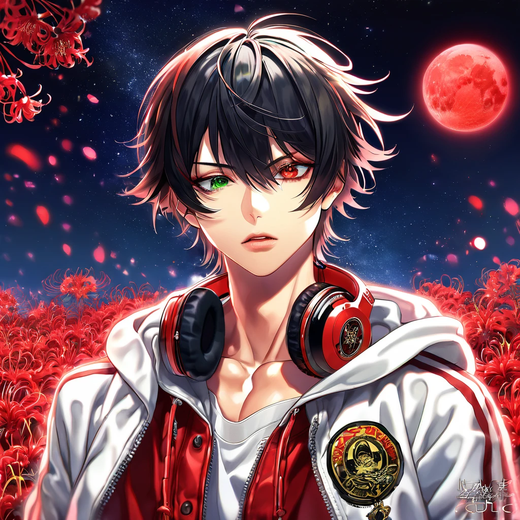 absurdres, highres, ultra detailed, HDR, master piece, best quality, extremely detailed, Yamada Ichiro, chin length black hair, heterochromia, left eye is red, right eye is green, Hypnosis Mic, white hoodie with two zippers, red varsity jacket, red headphones around his neck, solo, sexy man, handsome, sensual, fantasy, red blood water, sparkling, red glittering fireflies, red moon, red blossoms, red spider lilies, red sparkling lights, starry sky, magical