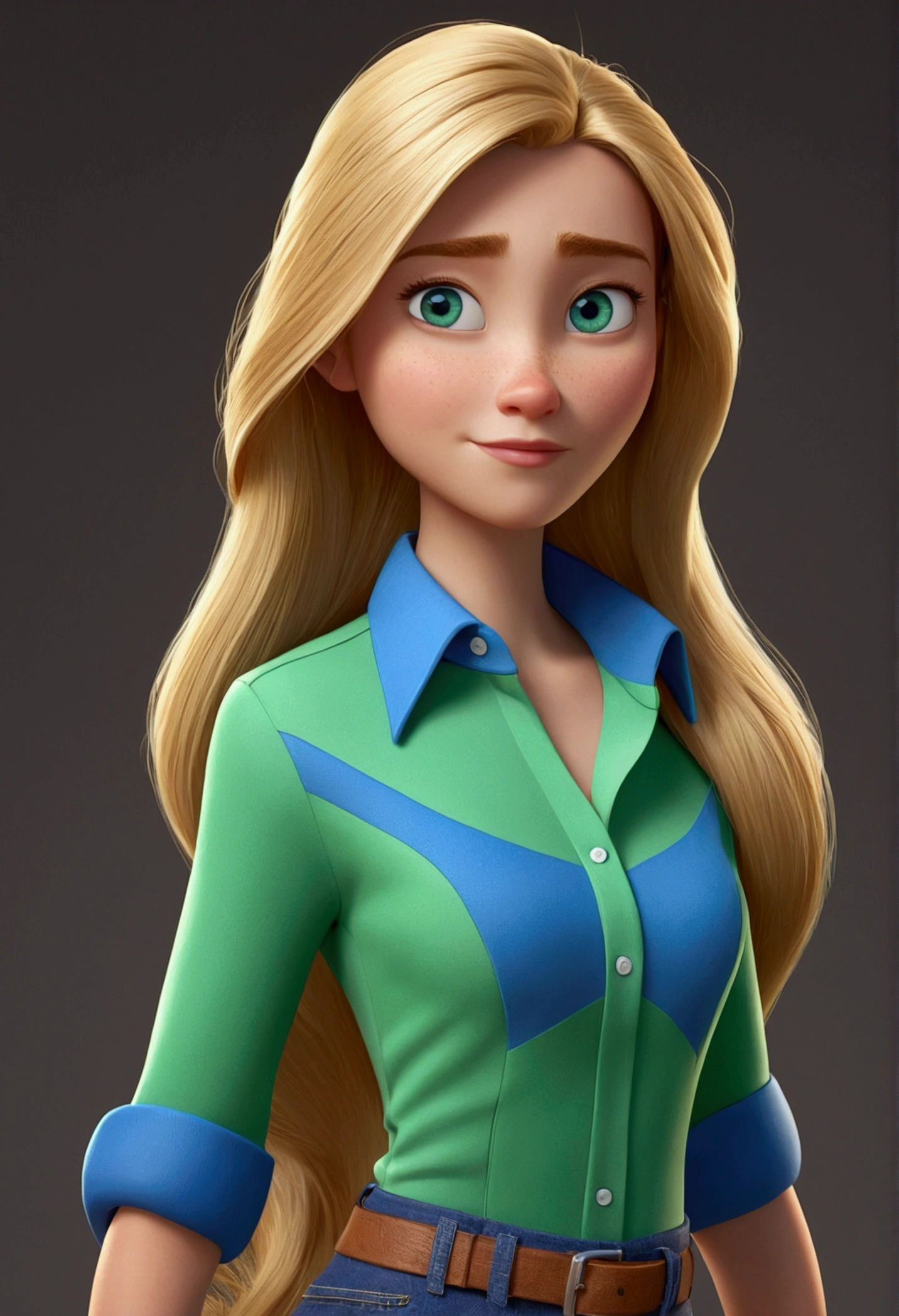 pixar Cartoon character of a woman long hair blonde and blue shirt, Green Eye, an animated character, stylized character, animation style rendering, 3d 