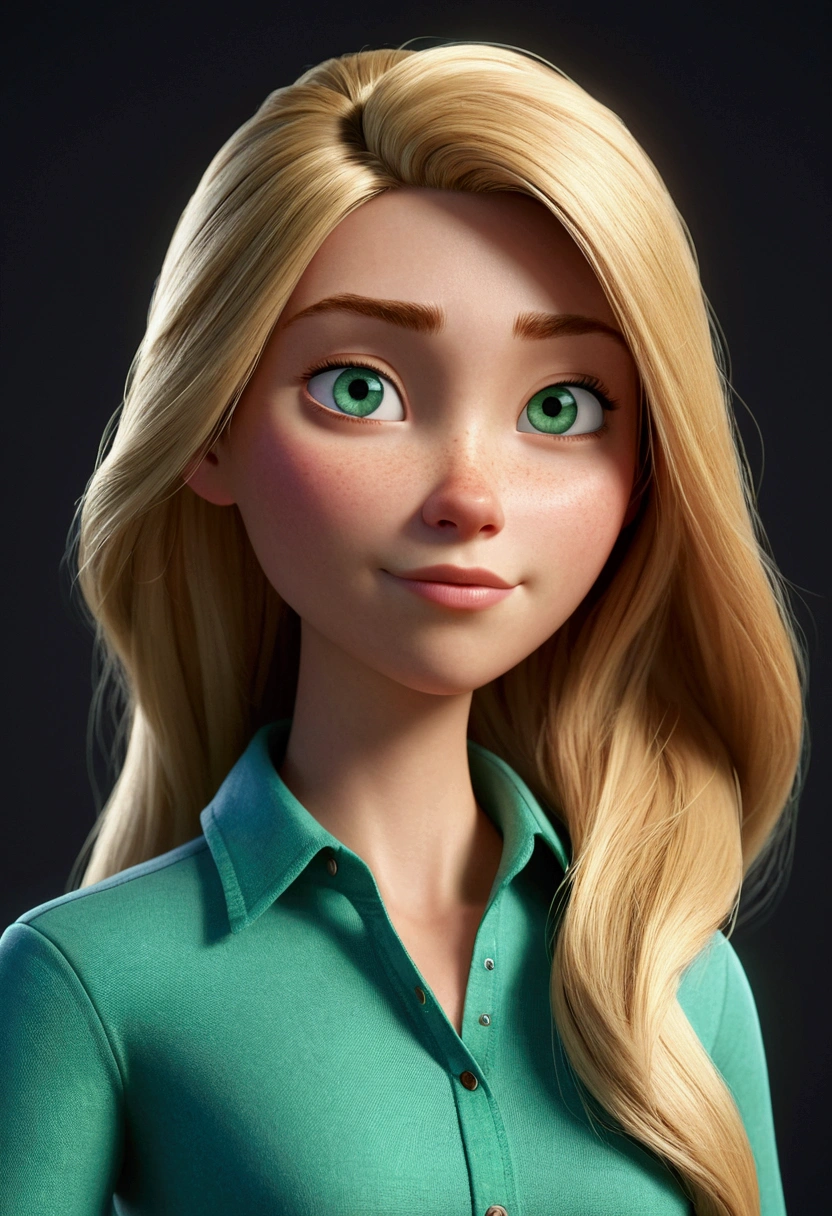 pixar Cartoon character of a woman long hair blonde and blue shirt, Green Eye, an animated character, stylized character, animation style rendering, 3d 